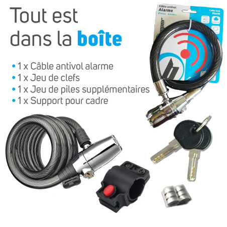 Antivol Vélo, Moto Cable 80 cm + 2 Clés - Alarme 110 dB