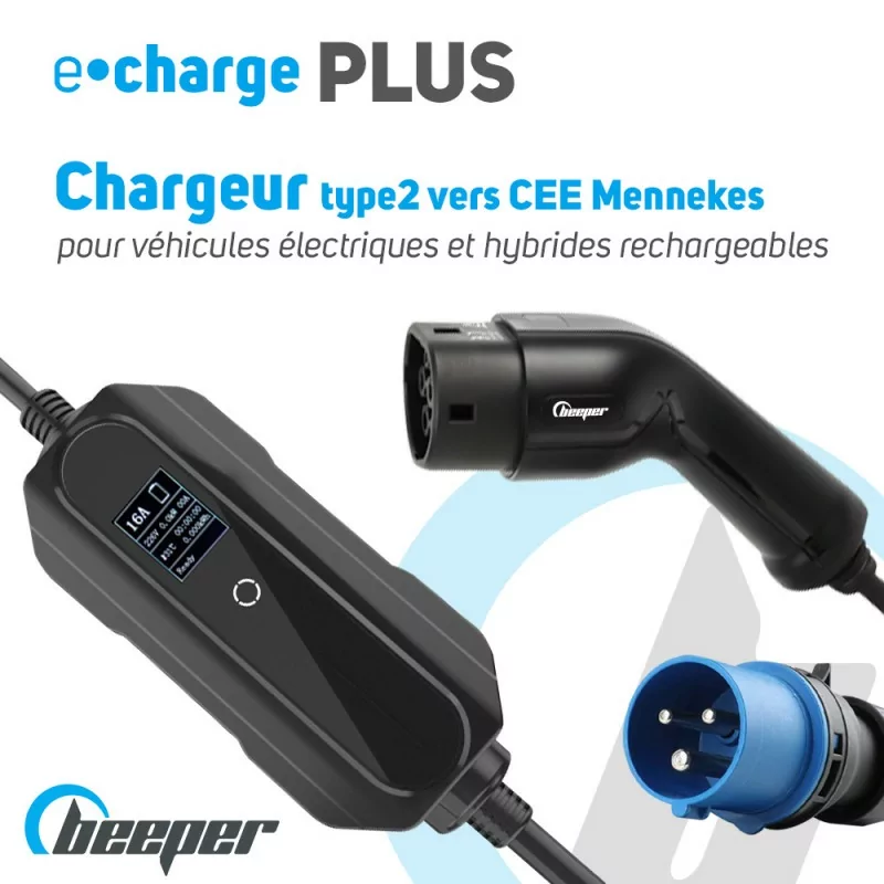 Câble de recharge voiture électrique type 2 vers fiche Bleue CEE