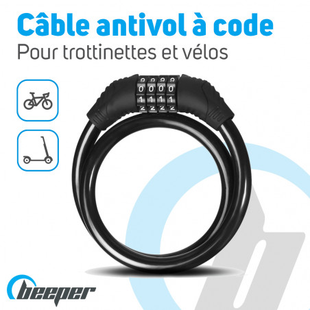 Câble Antivol Vélo à Code Ecent - 5 Chiffres 1,2m - Noir - Pour