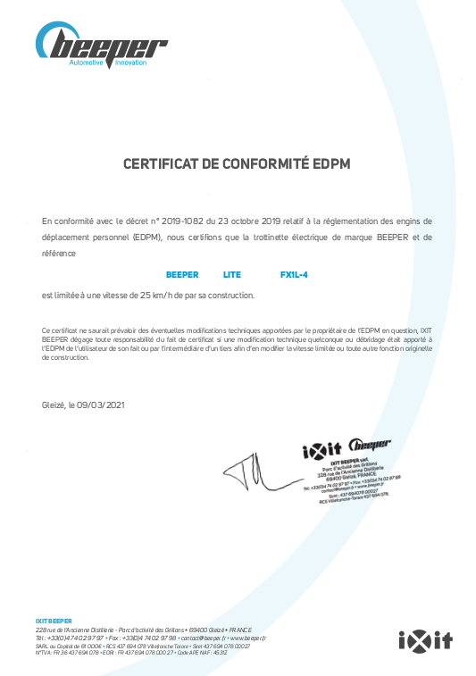 Trottinette électrique LITE - Certificat de conformité EDPM