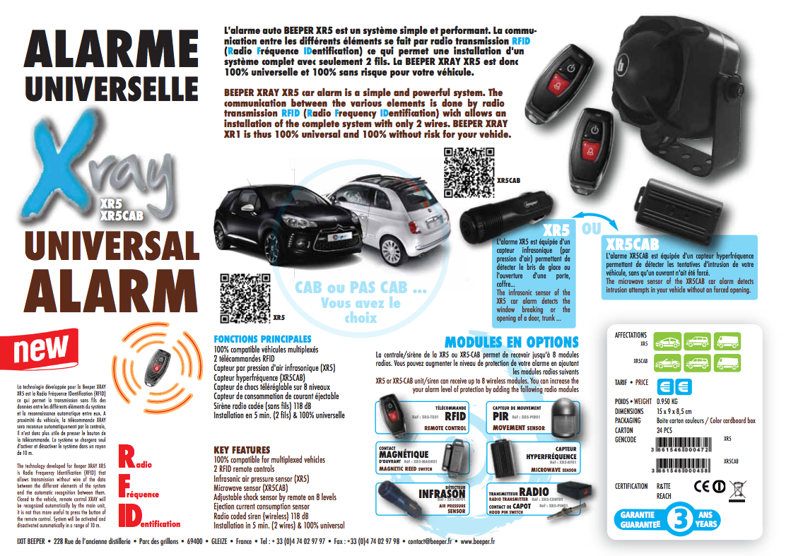 Alarme voiture sans fil pas cher pour auto ou cabriolet : Beeper XR5, Alarme et antivol