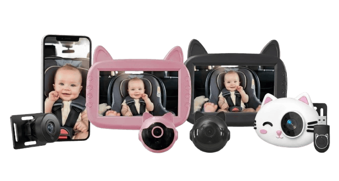 Gamme Babeecam : caméras et écrans bébé pour voiture, roses et noirs